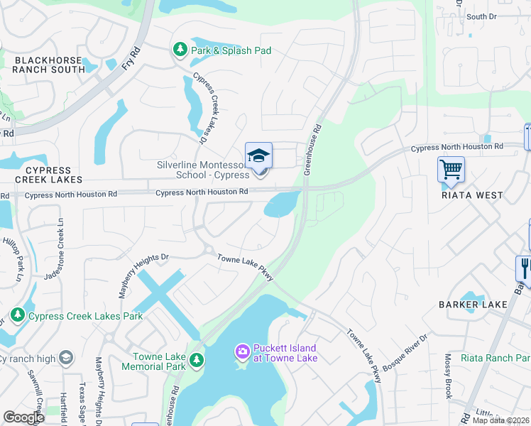 map of restaurants, bars, coffee shops, grocery stores, and more near 19015 Greenview Glen Drive in Cypress