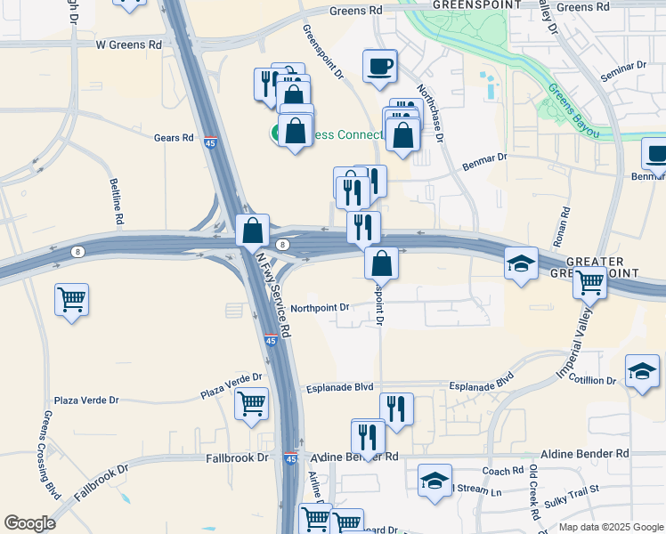 map of restaurants, bars, coffee shops, grocery stores, and more near 6 North Sam Houston Parkway East in Houston