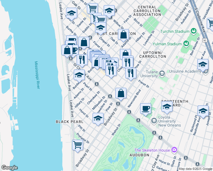 map of restaurants, bars, coffee shops, grocery stores, and more near 7504 Hampson Street in New Orleans