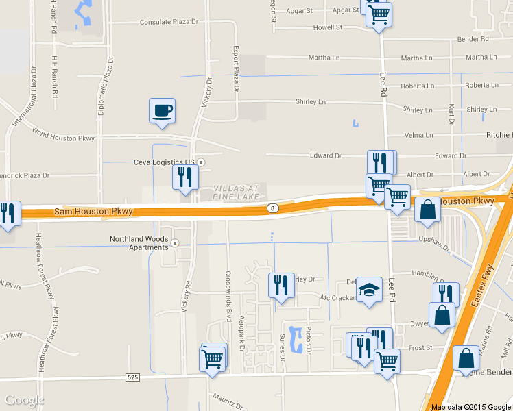 map of restaurants, bars, coffee shops, grocery stores, and more near 5701-5735 Texas 8 Beltway Frontage Road in Houston