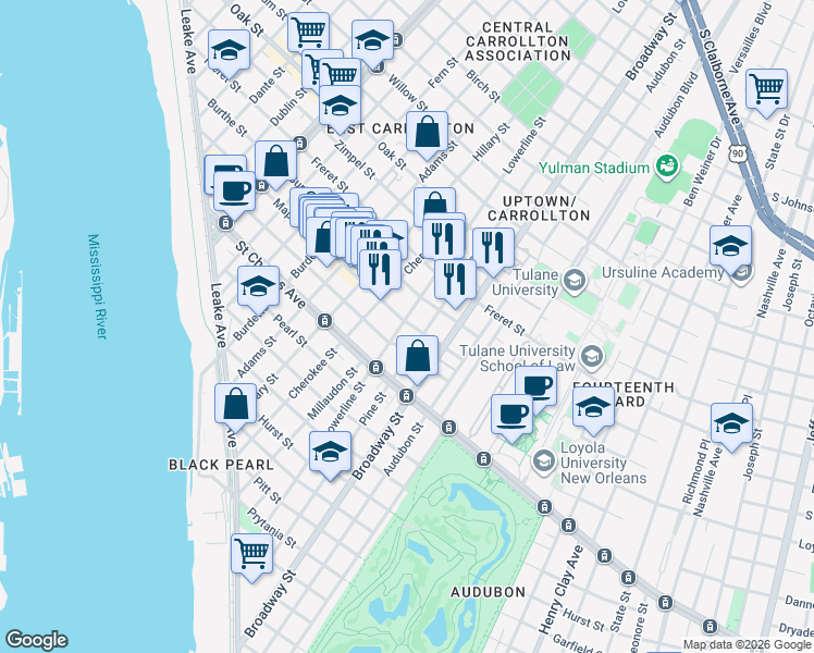 map of restaurants, bars, coffee shops, grocery stores, and more near 7412 Maple Street in New Orleans