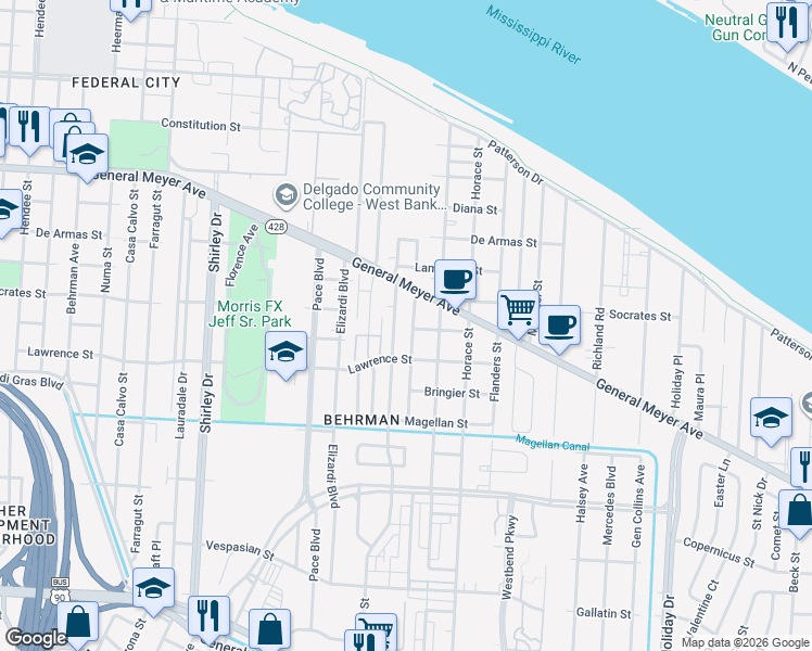 map of restaurants, bars, coffee shops, grocery stores, and more near 1454 Murl Street in New Orleans