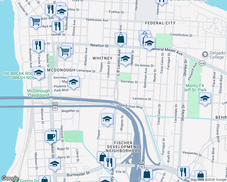 map of restaurants, bars, coffee shops, grocery stores, and more near 1423 Ptolemy Street in New Orleans