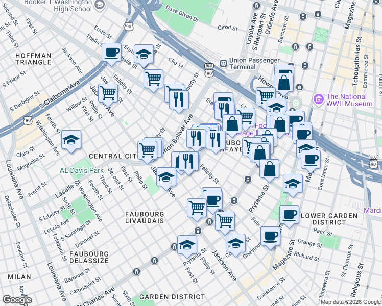map of restaurants, bars, coffee shops, grocery stores, and more near 1702 South Rampart Street in New Orleans