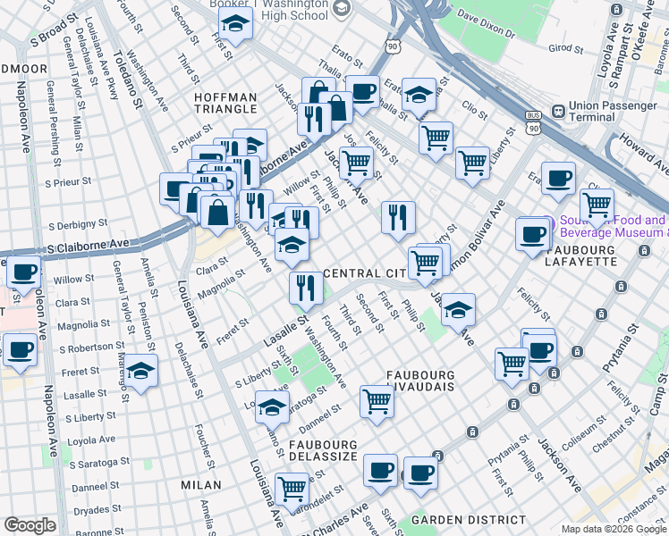 map of restaurants, bars, coffee shops, grocery stores, and more near 2513 Third Street in New Orleans