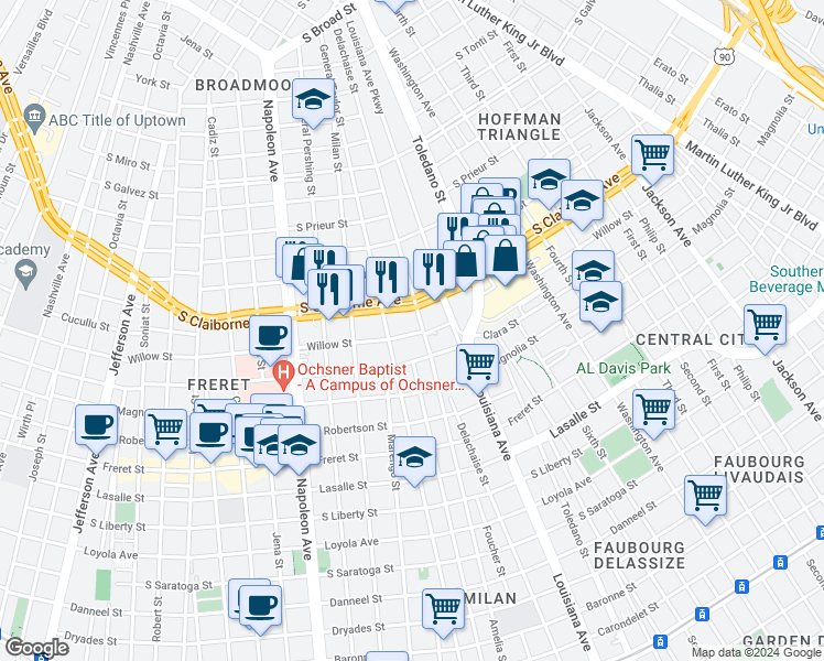 map of restaurants, bars, coffee shops, grocery stores, and more near 3724 South Claiborne Avenue in New Orleans