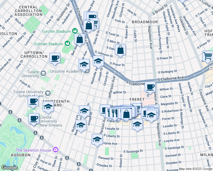 map of restaurants, bars, coffee shops, grocery stores, and more near 2803 Octavia Street in New Orleans
