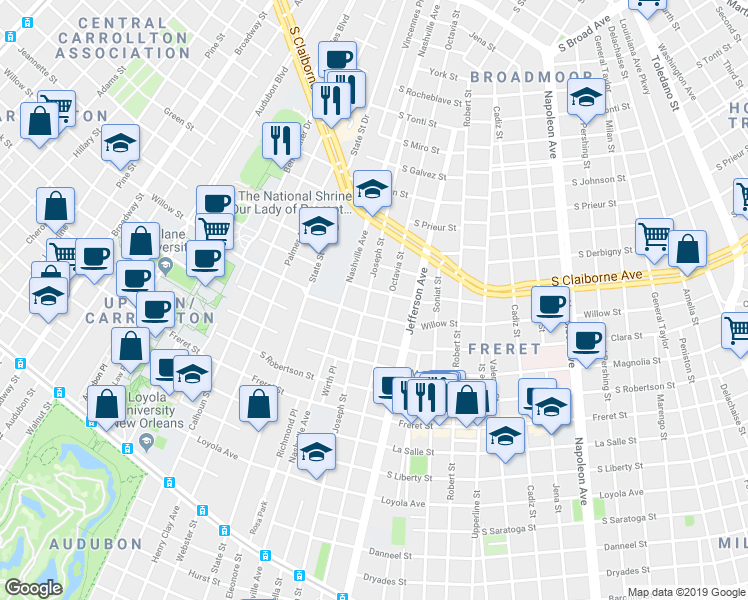 map of restaurants, bars, coffee shops, grocery stores, and more near 5718 Cucullu Street in New Orleans