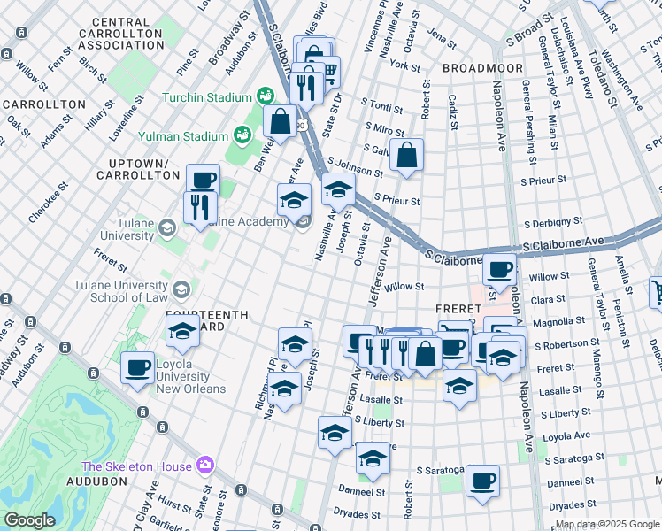 map of restaurants, bars, coffee shops, grocery stores, and more near 5718 Cucullu Street in New Orleans