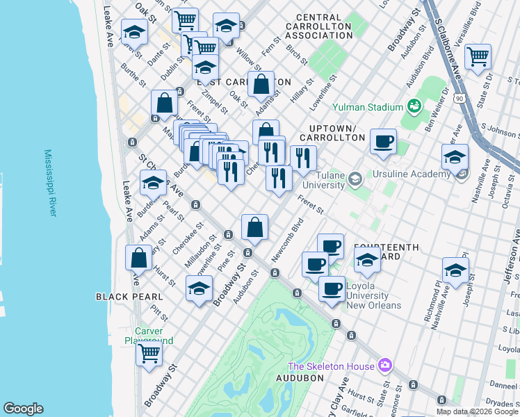 map of restaurants, bars, coffee shops, grocery stores, and more near 820 Pine Street in New Orleans