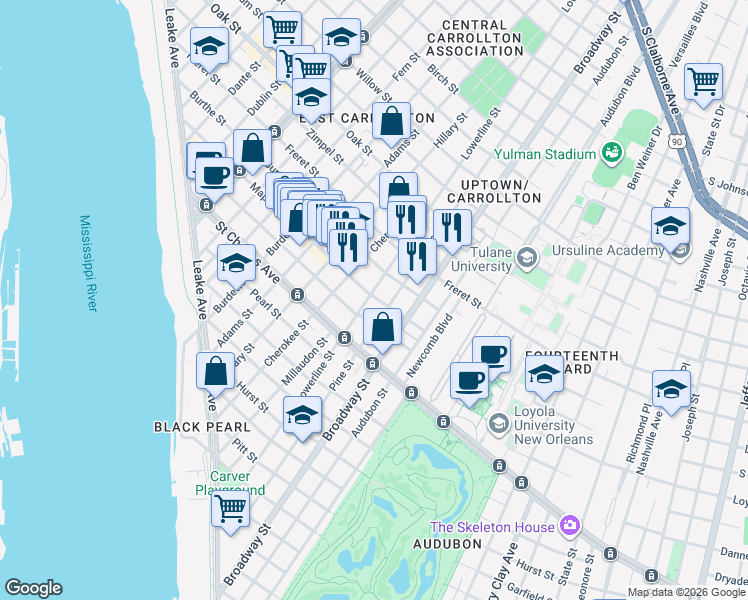 map of restaurants, bars, coffee shops, grocery stores, and more near 7412 Maple Street in New Orleans