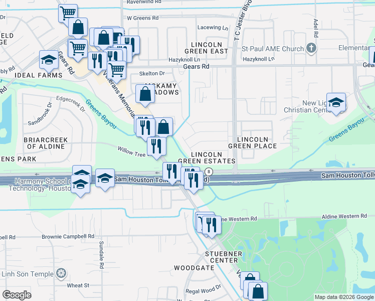 map of restaurants, bars, coffee shops, grocery stores, and more near 10834 Meadow Walk Lane in Houston