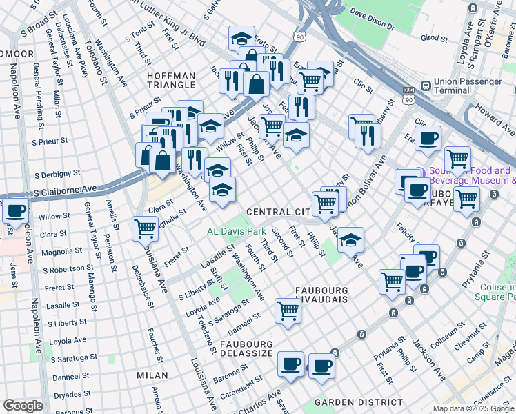 map of restaurants, bars, coffee shops, grocery stores, and more near 2414 Freret Street in New Orleans