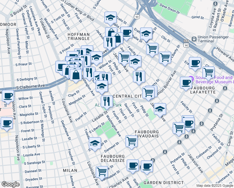 map of restaurants, bars, coffee shops, grocery stores, and more near 2513 Third Street in New Orleans