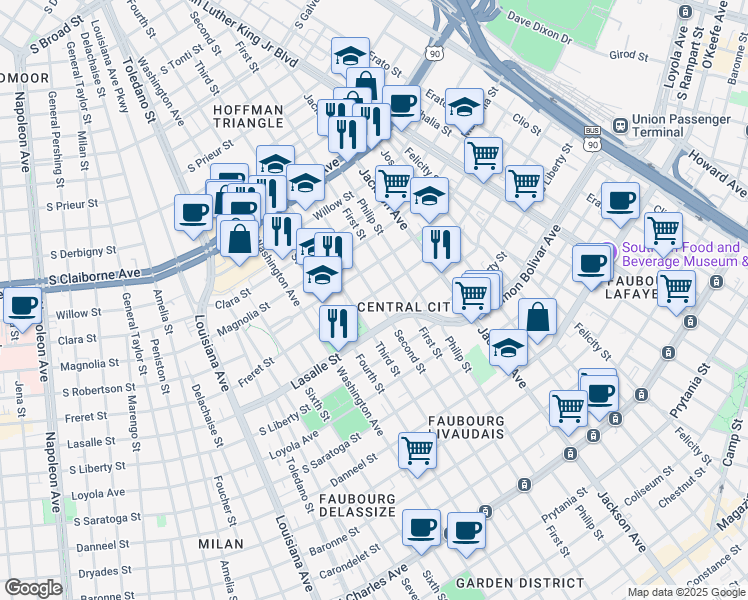 map of restaurants, bars, coffee shops, grocery stores, and more near 2414 Freret Street in New Orleans