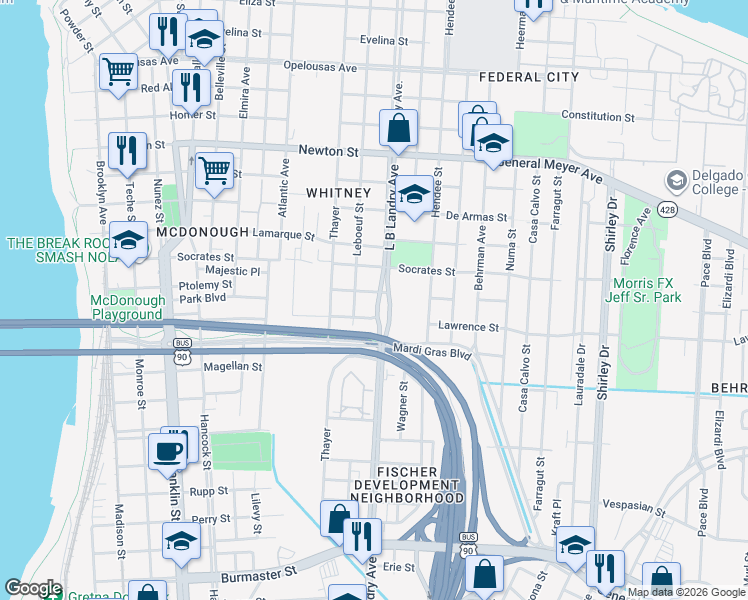 map of restaurants, bars, coffee shops, grocery stores, and more near 1423 Ptolemy Street in New Orleans