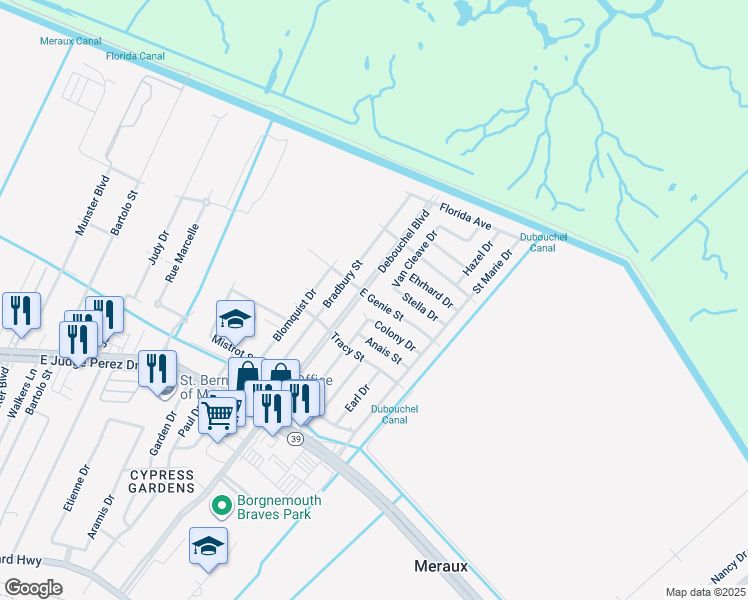 map of restaurants, bars, coffee shops, grocery stores, and more near 4309 East Genie Street in Meraux