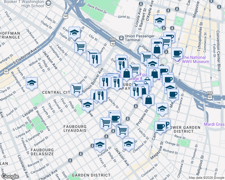 map of restaurants, bars, coffee shops, grocery stores, and more near 1626 Oretha Castle Haley Boulevard in New Orleans