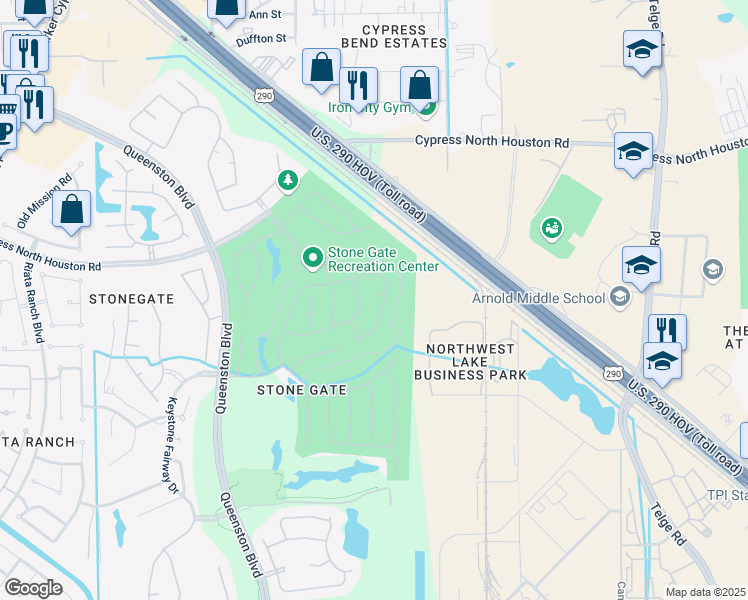 map of restaurants, bars, coffee shops, grocery stores, and more near 16411 Bogan Flats Court in Houston
