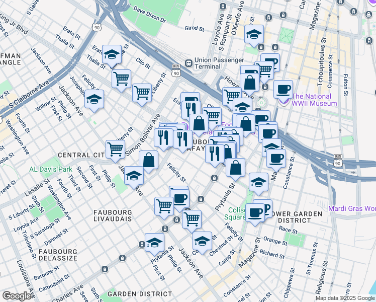 map of restaurants, bars, coffee shops, grocery stores, and more near in New Orleans