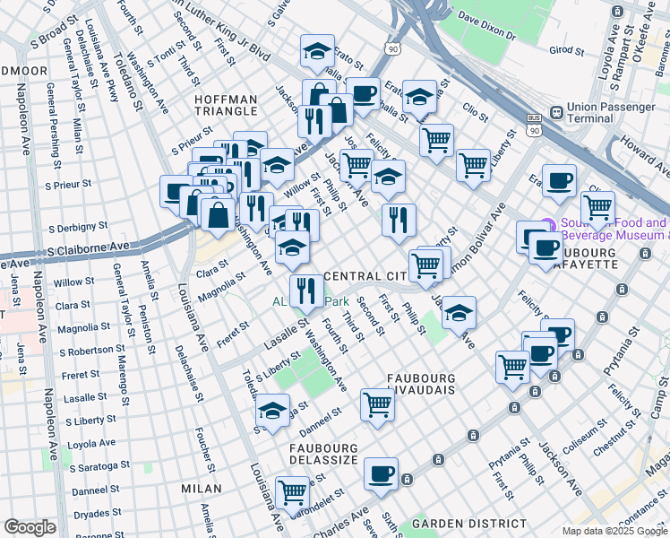 map of restaurants, bars, coffee shops, grocery stores, and more near 2513 Third Street in New Orleans