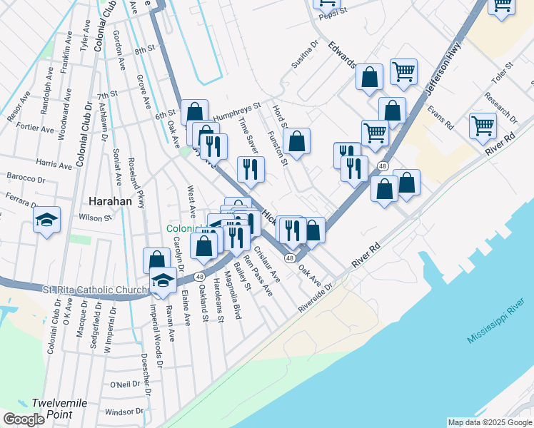 map of restaurants, bars, coffee shops, grocery stores, and more near 217 Hickory Avenue in Harahan