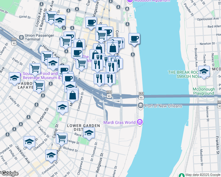 map of restaurants, bars, coffee shops, grocery stores, and more near 1111 South Peters Street in New Orleans