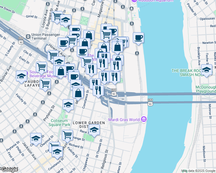 map of restaurants, bars, coffee shops, grocery stores, and more near 1110 Annunciation Street in New Orleans