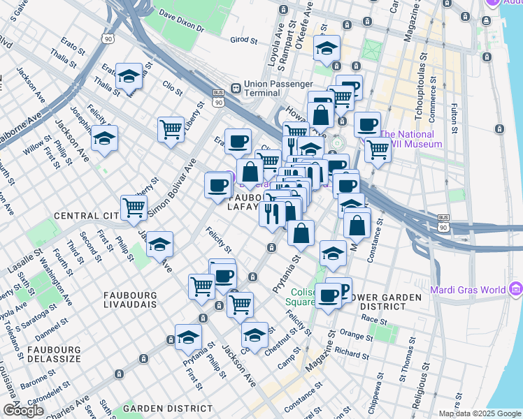 map of restaurants, bars, coffee shops, grocery stores, and more near in New Orleans