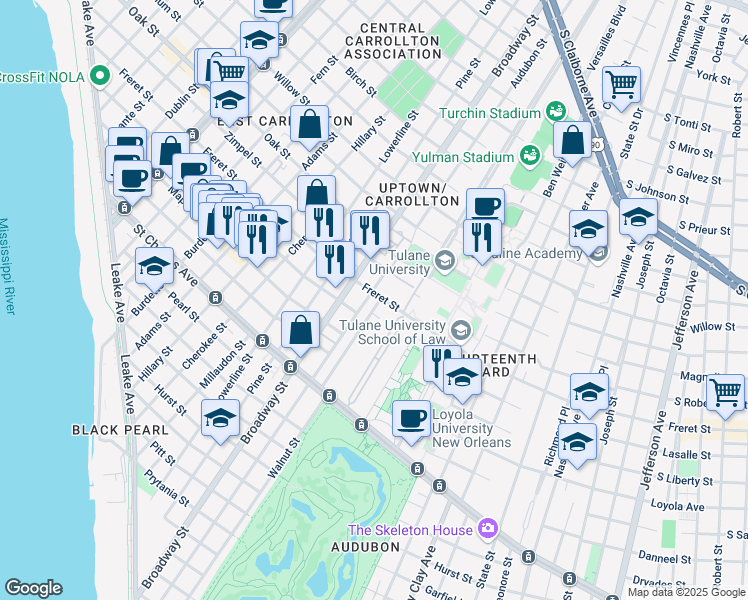 map of restaurants, bars, coffee shops, grocery stores, and more near 7033 Freret Street in New Orleans