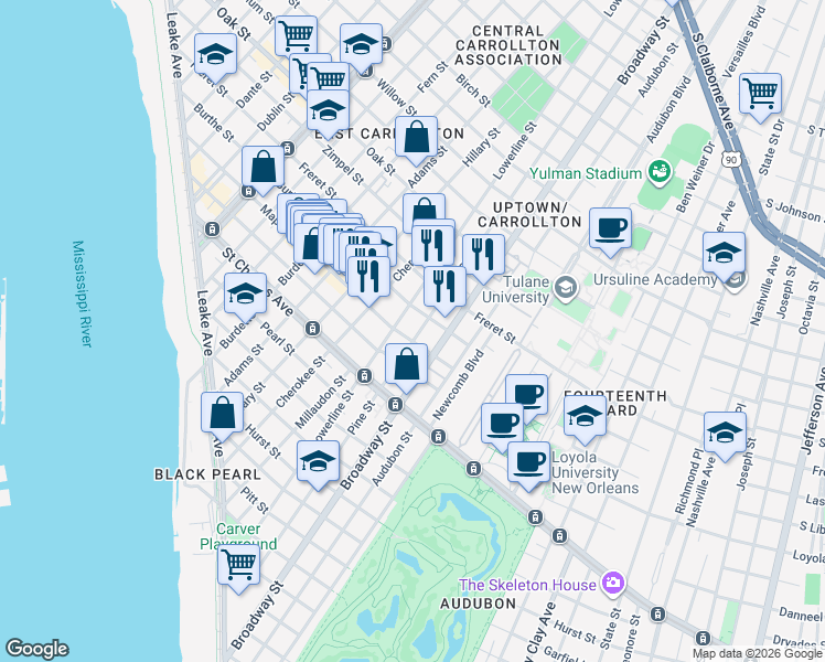 map of restaurants, bars, coffee shops, grocery stores, and more near 820 Pine Street in New Orleans