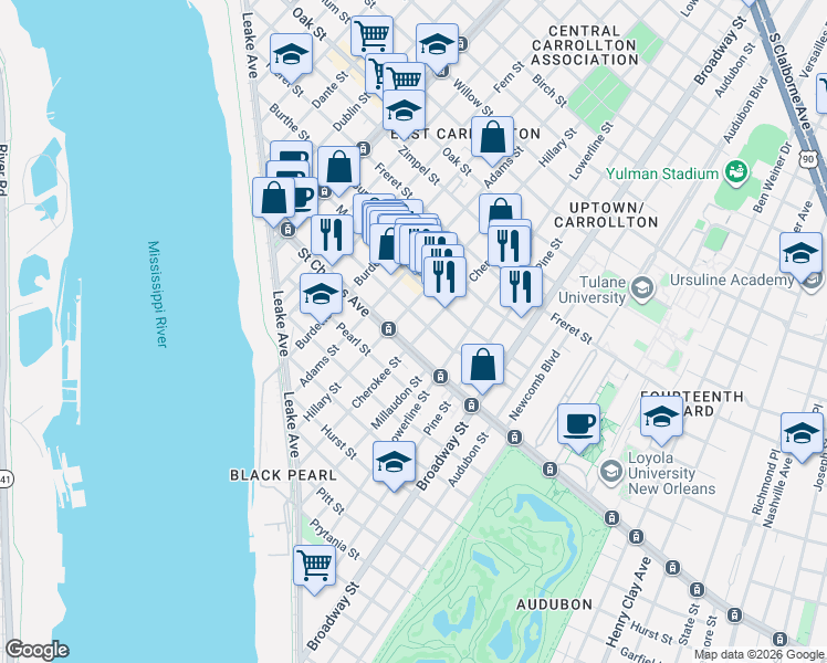 map of restaurants, bars, coffee shops, grocery stores, and more near 7504 Hampson Street in New Orleans