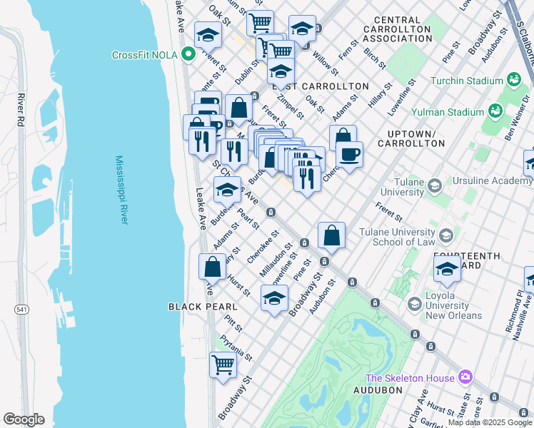map of restaurants, bars, coffee shops, grocery stores, and more near 7608 Saint Charles Avenue in New Orleans