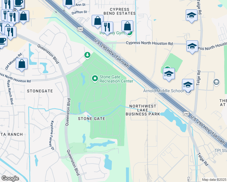 map of restaurants, bars, coffee shops, grocery stores, and more near 16411 Bogan Flats Court in Houston