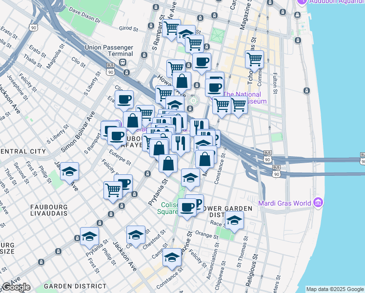 map of restaurants, bars, coffee shops, grocery stores, and more near 1510 Erato Street in New Orleans