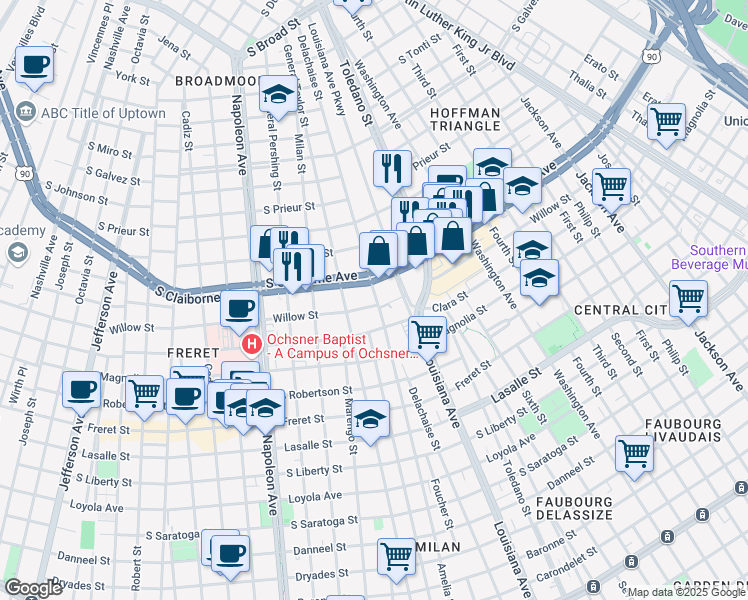 map of restaurants, bars, coffee shops, grocery stores, and more near 3701 Willow Street in New Orleans