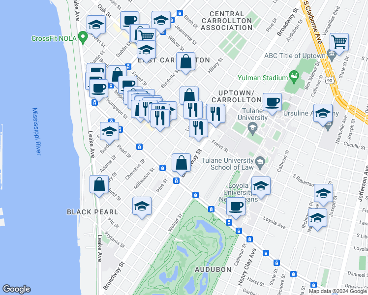 map of restaurants, bars, coffee shops, grocery stores, and more near 810 Pine Street in New Orleans