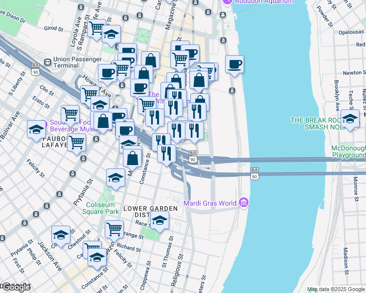 map of restaurants, bars, coffee shops, grocery stores, and more near 1110 Annunciation Street in New Orleans