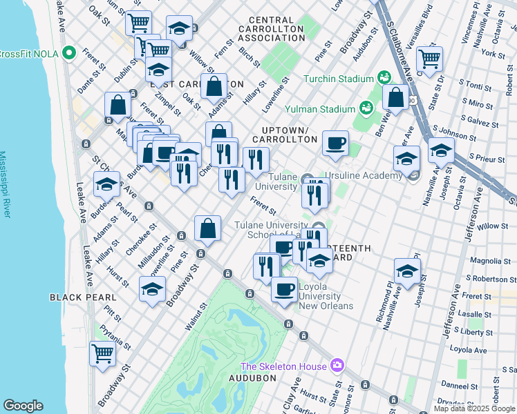 map of restaurants, bars, coffee shops, grocery stores, and more near 7033 Freret Street in New Orleans