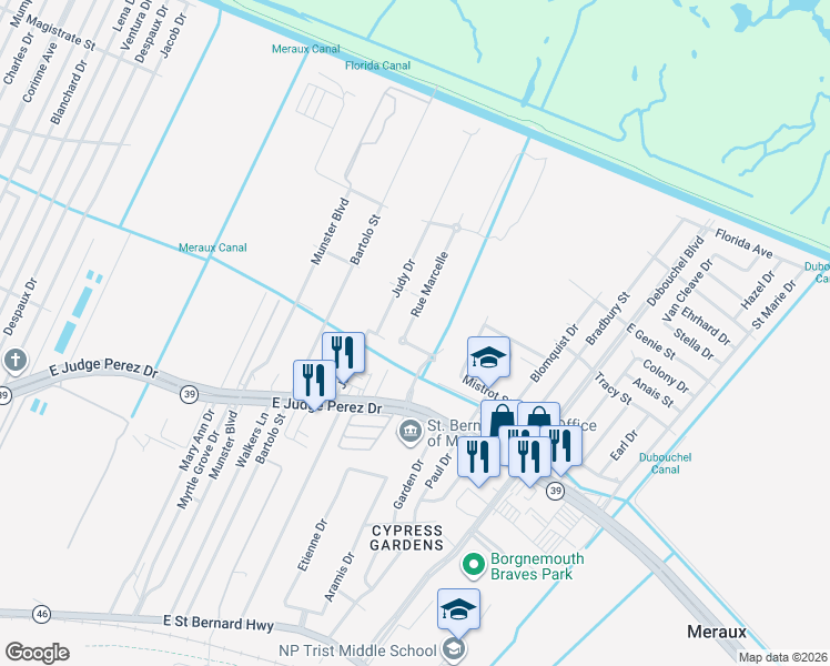 map of restaurants, bars, coffee shops, grocery stores, and more near 2911 Rue Marcelle in Meraux