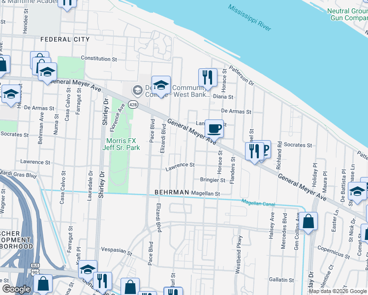map of restaurants, bars, coffee shops, grocery stores, and more near 1454 Murl Street in New Orleans