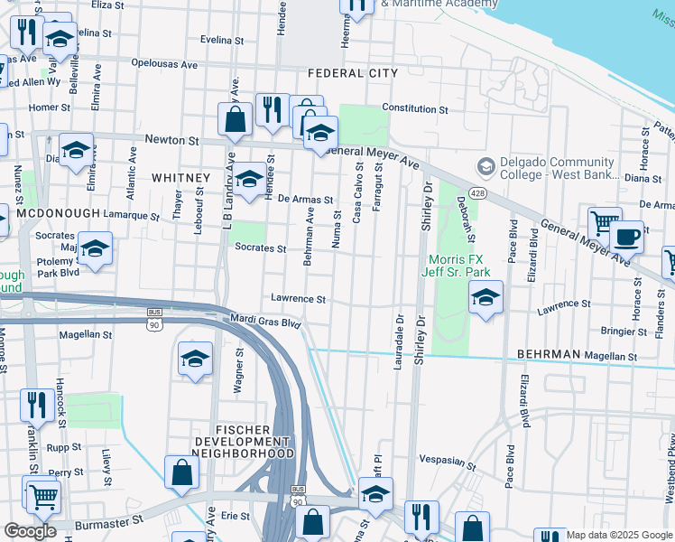 map of restaurants, bars, coffee shops, grocery stores, and more near 1428 Numa Street in New Orleans