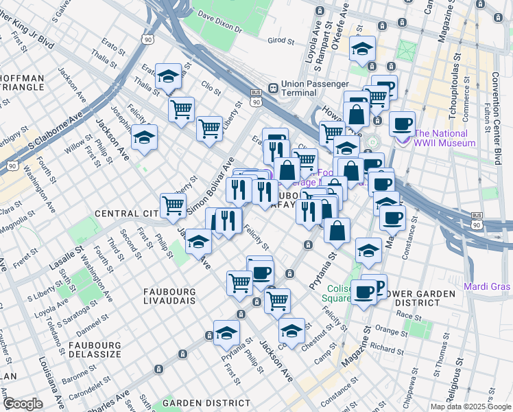 map of restaurants, bars, coffee shops, grocery stores, and more near Oretha Castle Haley Boulevard in New Orleans