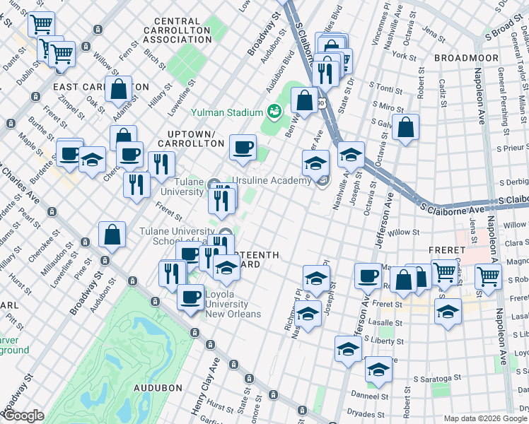 map of restaurants, bars, coffee shops, grocery stores, and more near 2401 Calhoun Street in New Orleans