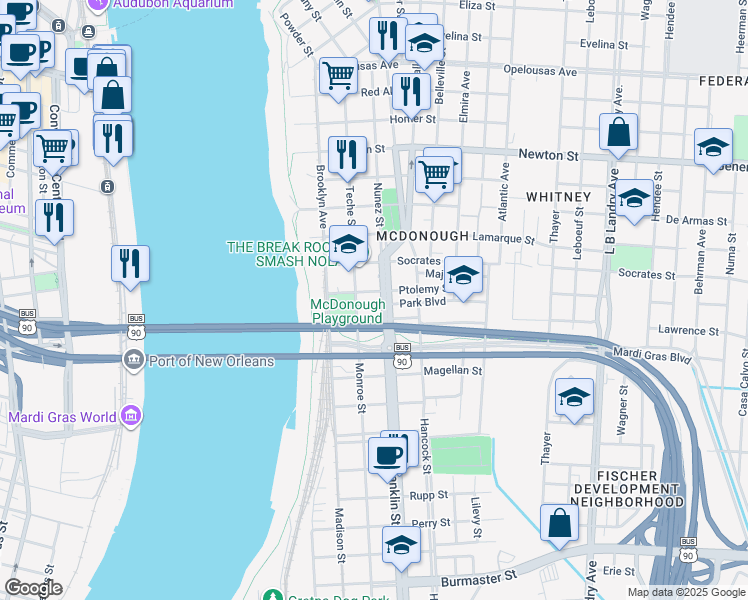 map of restaurants, bars, coffee shops, grocery stores, and more near 422 Park Boulevard in New Orleans