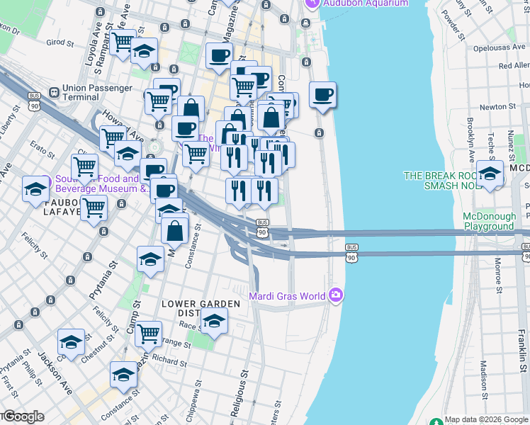 map of restaurants, bars, coffee shops, grocery stores, and more near 1111 South Peters Street in New Orleans