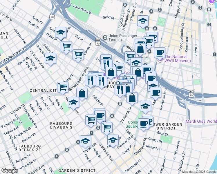 map of restaurants, bars, coffee shops, grocery stores, and more near in New Orleans