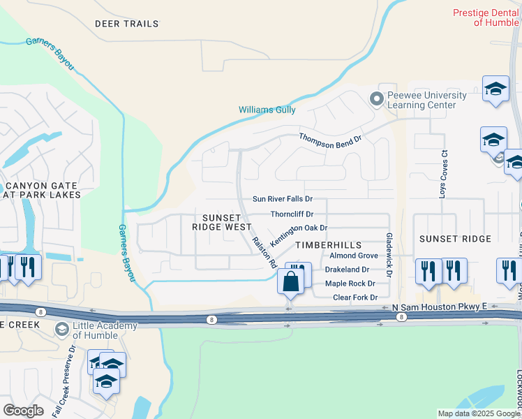 map of restaurants, bars, coffee shops, grocery stores, and more near 10619 Thorncliff Drive in Humble