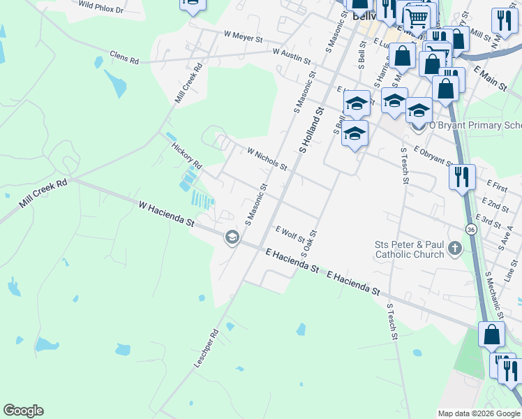 map of restaurants, bars, coffee shops, grocery stores, and more near 1049 South Masonic Street in Bellville