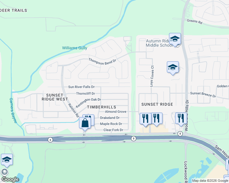map of restaurants, bars, coffee shops, grocery stores, and more near 11011 Thorncliff Drive in Humble